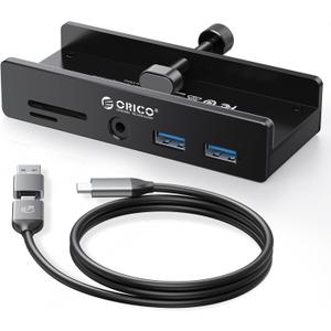 ORICO USB Hub 3.0, Clamp USB Hub with Extra Power Port, Aluminum USB C Adapter with 2 USB-A Data Ports,3.5mm AUX, SD/TF Card Reader for Desktop(Black)