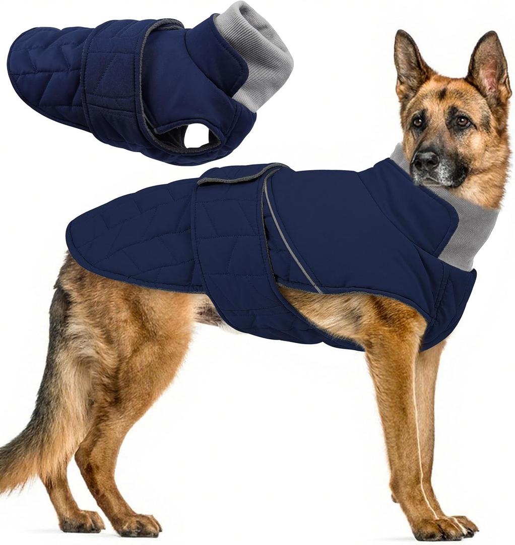 PUMYPOREITY Warm Dog Jacket, Reflective Winter Coat with Adjustable Hook & Loop, Fleece Snowsuit with Turtleneck, Water Resistant Cold Weather Coats for Small Medium Large Dogs, M, Blue