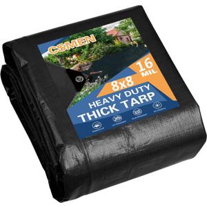Tarp Heay Duty Waterproof 8x8ft,Black Tarp Cover Plastic Poly Tarpaulin for Outdoor Cover,Emergency Rain,Roof, Pool, Boat,Camping - Multipurpose with 16Mil Thickness