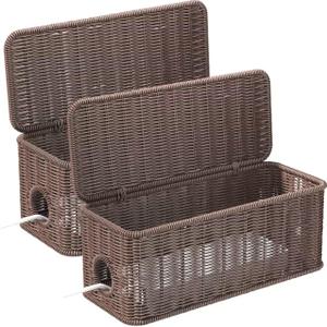 Cable Management Box,2 Open Slots Cord Organizer Hider Box with Lid,2 Pack Handwoven Imitation Rattan Cable Organizer Box for TV Wire Computer Router & Power Strip-A Style(Dark Brown)