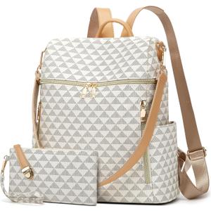 Makes Backpack Purse for Women PU Leather Travel Satchel Handbag Convertible Design Bag with Purse 2 Piece (Beige Triple)