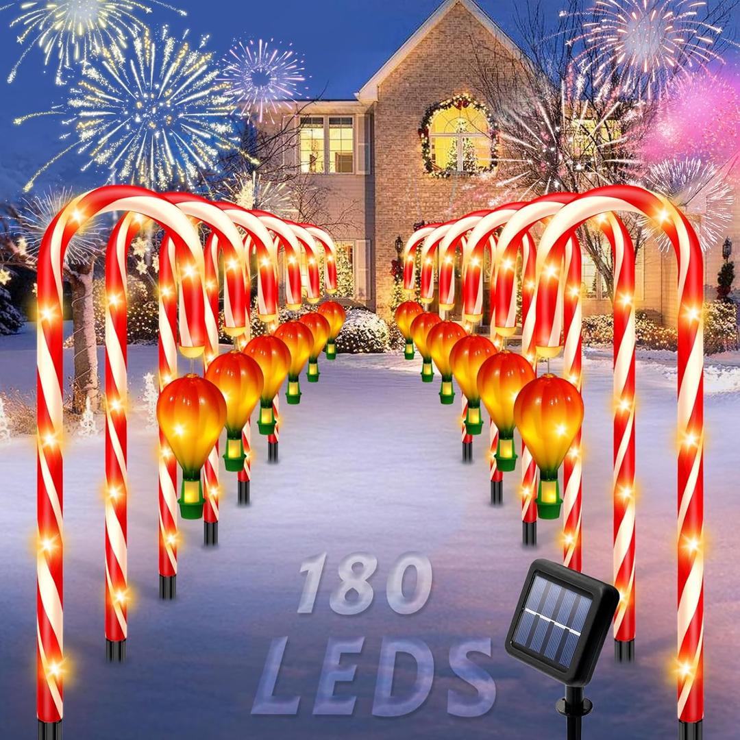 12 Pack Outdoor Solar Christmas Decorations, 180 Bright LED Solar Candy Cane Christmas Lights 8 Lighting Modes, Waterproof Outside Xmas Decorations with Lantern Decor Lights for Pathway Yard Garden