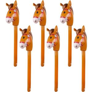 6PCS Inflatable Stick Horse,Blow Up Horse Head on Stick Pony Costume Western Cowboy Cowgirl Baby Shower Birthday Party Decorations Halloween Supplies Favors Props, 38 Inches (Brown)