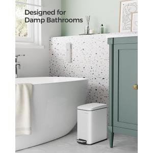 SONGMICS Bathroom Trash Can, 1.3 Gallon (5 L) Small Trash Bin with Lid, Slim for Small Spaces, Stainless Steel Garbage Can, Soft Close, White ULTB560W05