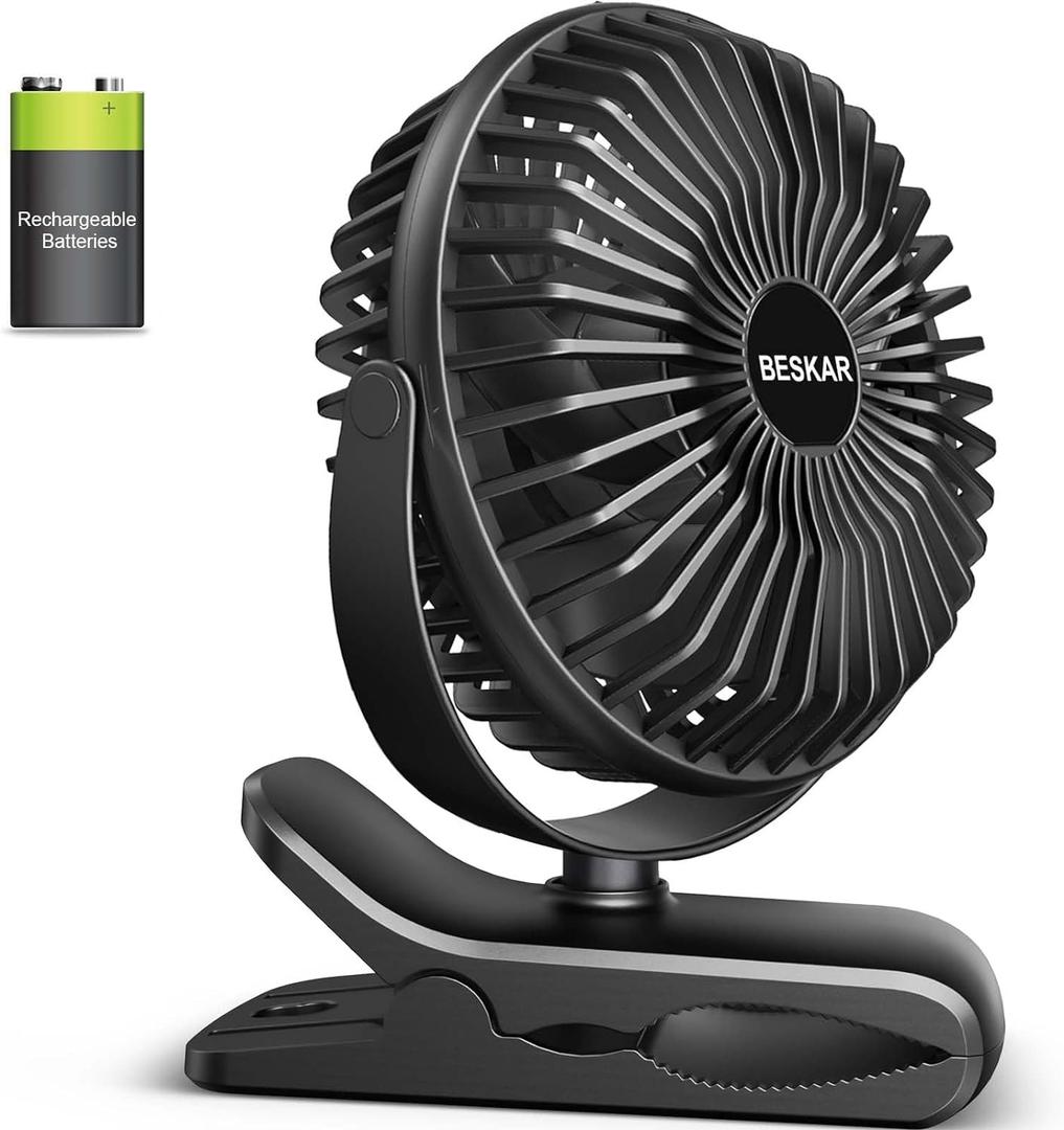 BESKAR Portable Clip on Fan Rechargeable, 4 Speeds Small Battery Operated Fan, USB Desk Fan with Strong Airflow, Sturdy Clamp for Golf Cart Office Outdoor Travel Camping (Full Black)