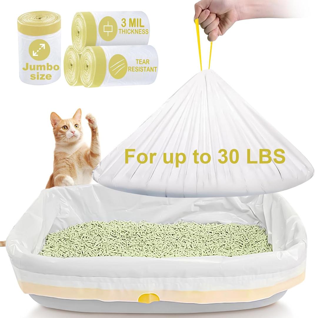 40 Count Litter Box Liners,HDPE Material 3MIL Extra Thick Heavy Duty 46" x 18" Jumbo Drawstring Cat String Liners,Compatible with Nature's Miracle/Petmate/Van Ness/IRIS,Tear & Leak Resistant