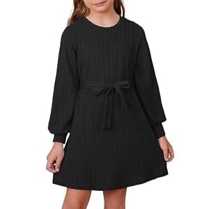 DOKOTOO KIDS Girls' Special Occasion Dresses Casual Long Sleeve Crewneck Textured Belted Back to School Dress Black 8-9 Years