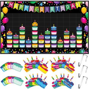 Pasimy Happy Birthday Pocket Chart Classroom Reusable Birthday Calendar Wall Hanging Chart with 144 Dry Erase Cards and 3 Hooks for School Classroom Bulletin Board Decor