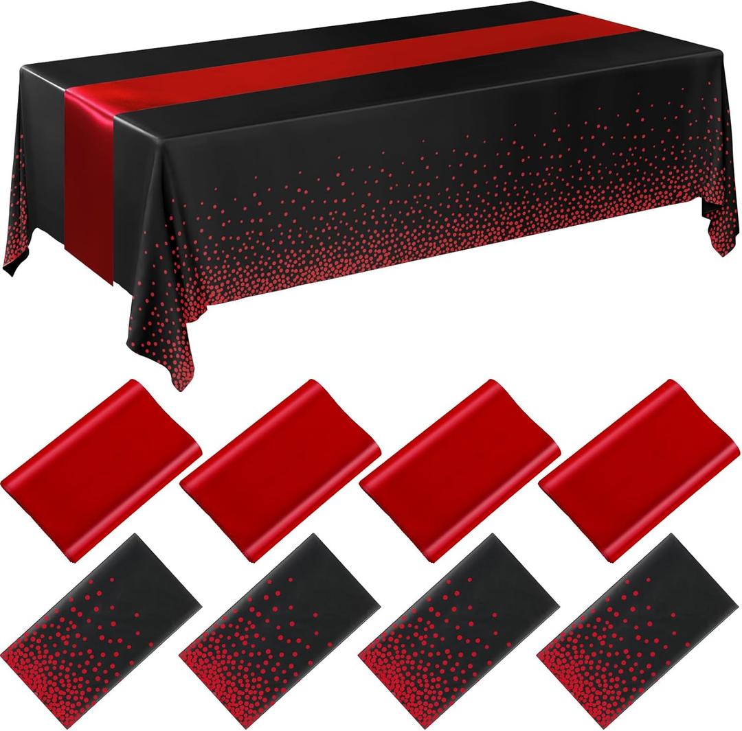 Breling 8 Pack Black and Red Disposable Plastic Tablecloths and Satin Table Runner Set, 54 x 108 Inch Tablecloth, 12 x 108 Inch Table Runners for Wedding Graduation Birthday Baby Shower