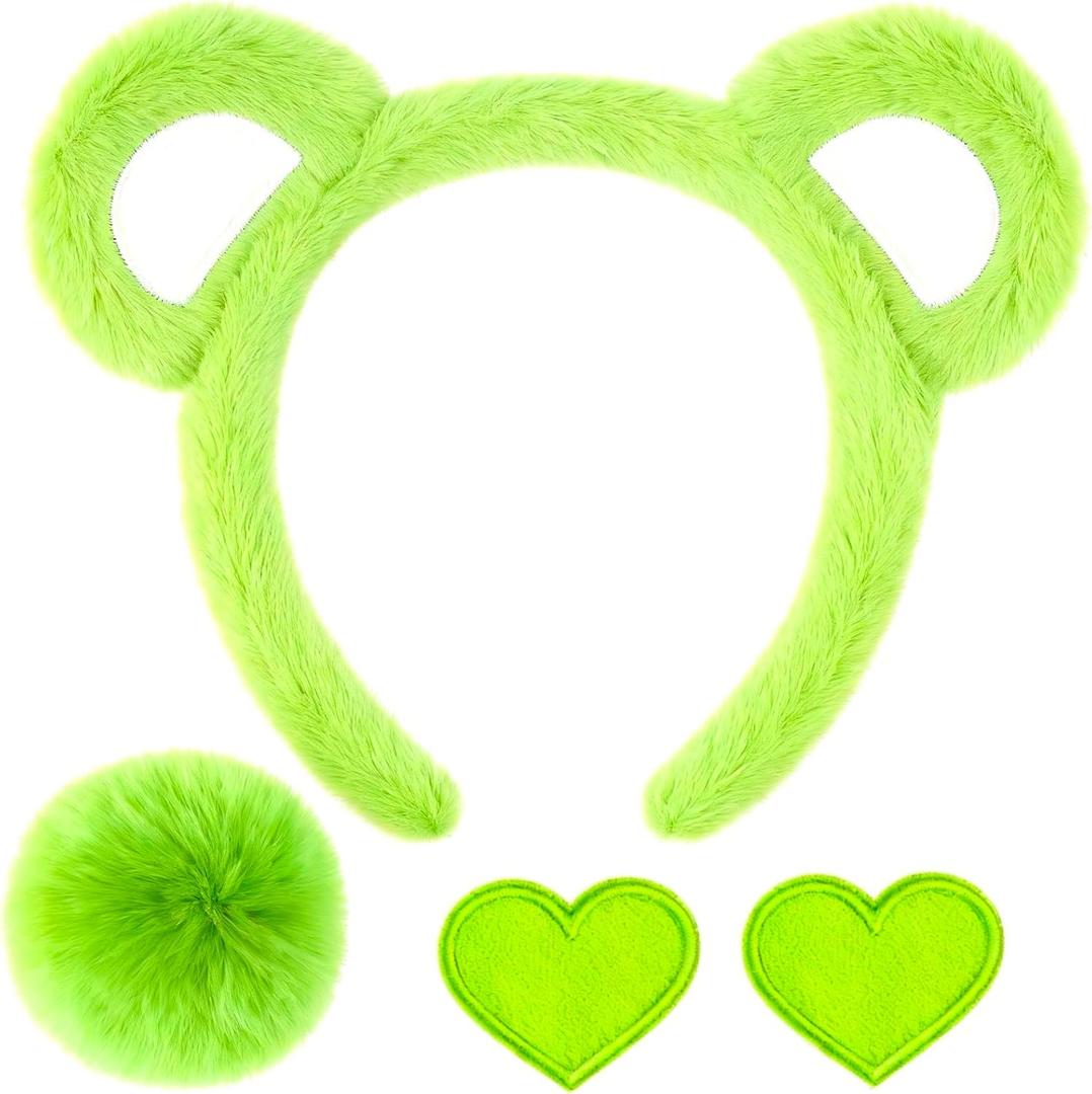4-Piece Plush Bear Costume Set  Fuzzy Ears Headband, Pom Tail & Felt Heart Patch for Dress-Up, Parties & Cosplay (Green)