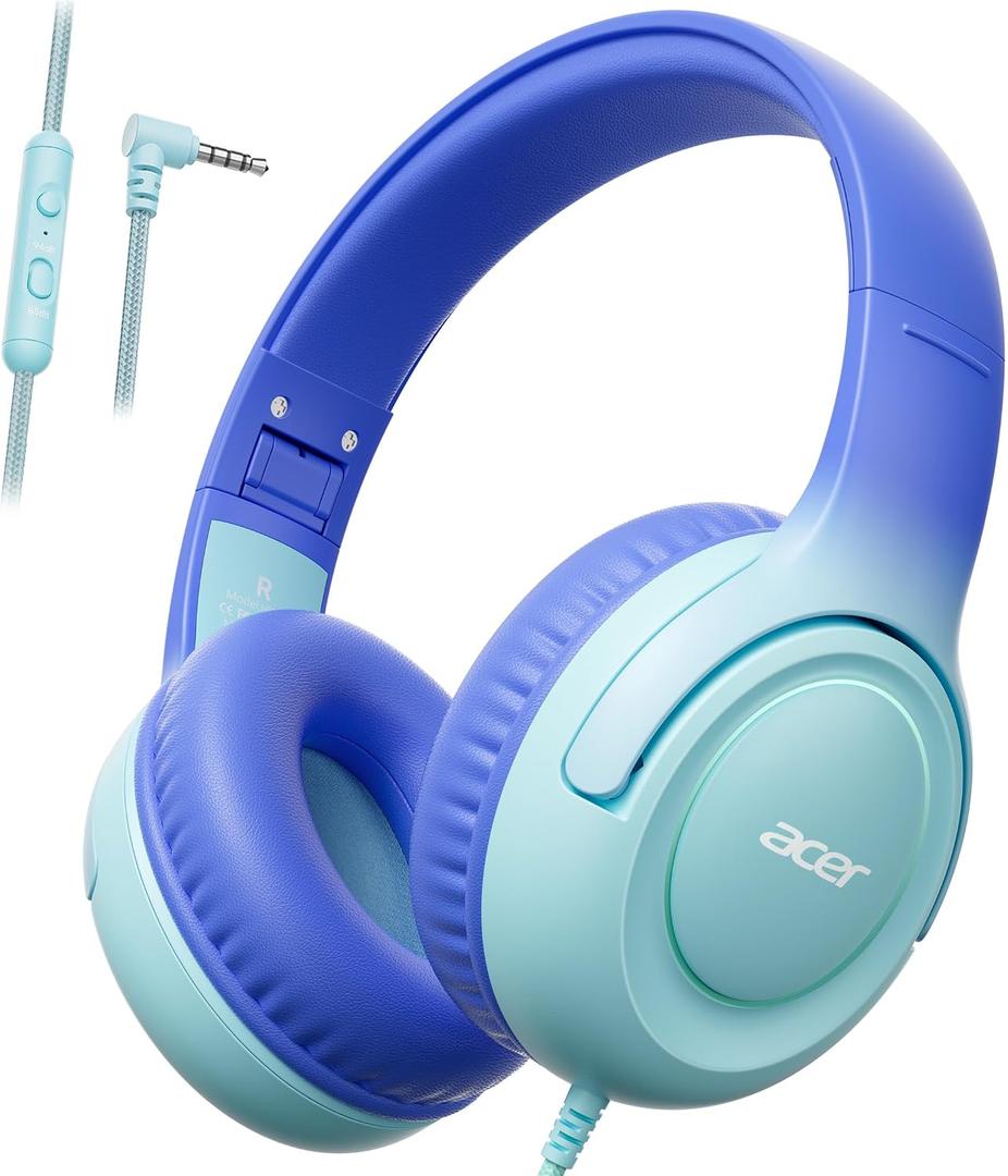 acer Kids Headphones - 85/94dB Volume Limiter, Foldable Wired Over Ear Headphones for Travel, 3.5mm Jack, Toddler Headphones for School, Travel, iPad, Tablet, Blue Gradient, HK03