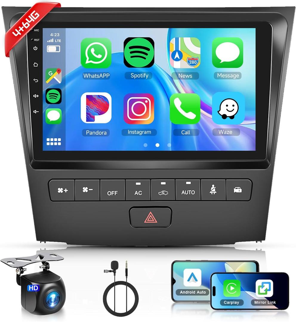 4+64G Android Car Stereo for Lexus GS300/350/400/430/450/460 2004-2011 Wireless Carplay Android Auto Car Radio, 9 Touch Screen Head Unit Bluetooth GPS WiFi Mirror Link FM/RDS DSP Backup Camera SWC