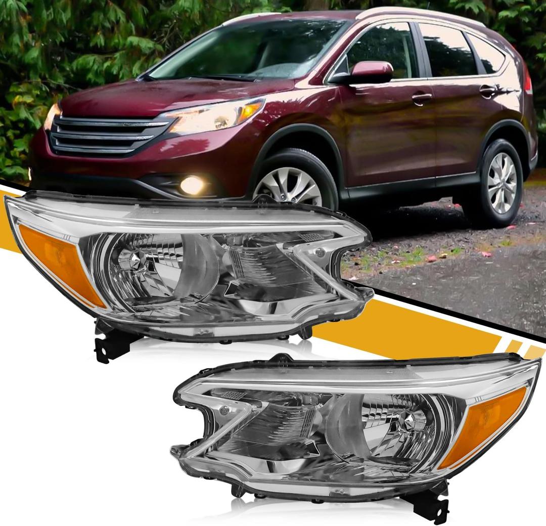 Headlight Assembly Compatible with Honda CR-V 2012 2013 2014 Halogen Type, Pair Set of OE-Style CRV Headlamp Replacements for 33100T0AA01 33150T0AA01, W/O Bulbs, Chrome Housing Amber Reflector