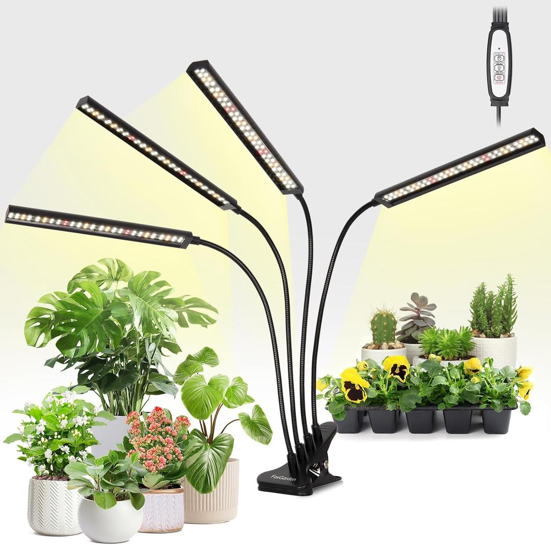 FOXGARDEN Grow Lights Full Spectrum, Four-Head Plant Lights for Indoor Growing with Flexible Gooseneck, 208 LEDs Clip Grow Lamp with 4/8/12H Timer, 4 Brightness Levels, Ideal for Indoor Growth