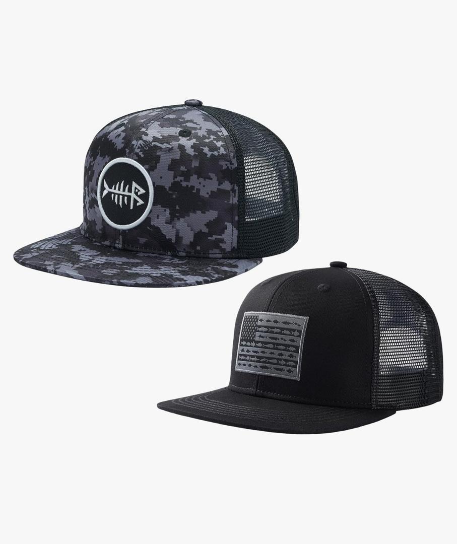 BASSDASH 2 Pack Flat Brim Trucker Cap Adjustable Snapback Hat Mesh Back for Men Women Fishing Hunting