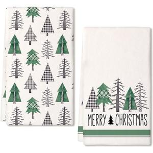 ARKENY Christmas Kitchen Towels Set of 2,Green Buffalo Plaid Xmas Tree Dish Towels 18x26 Inch,Hoilday Farmhouse Home Decoration AD099
