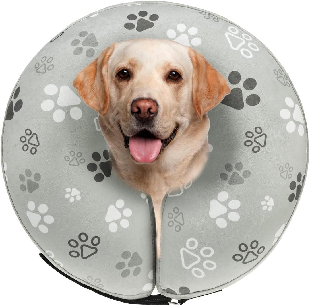 SCENEREAL Dog Cone Alternative After Surgery Donut Collar, Soft Pet Recovery Pillow Collar for Medium Large Dogs, Inflatable Adjustable Neck Collars to Prevent Licking, Grey Footprints L