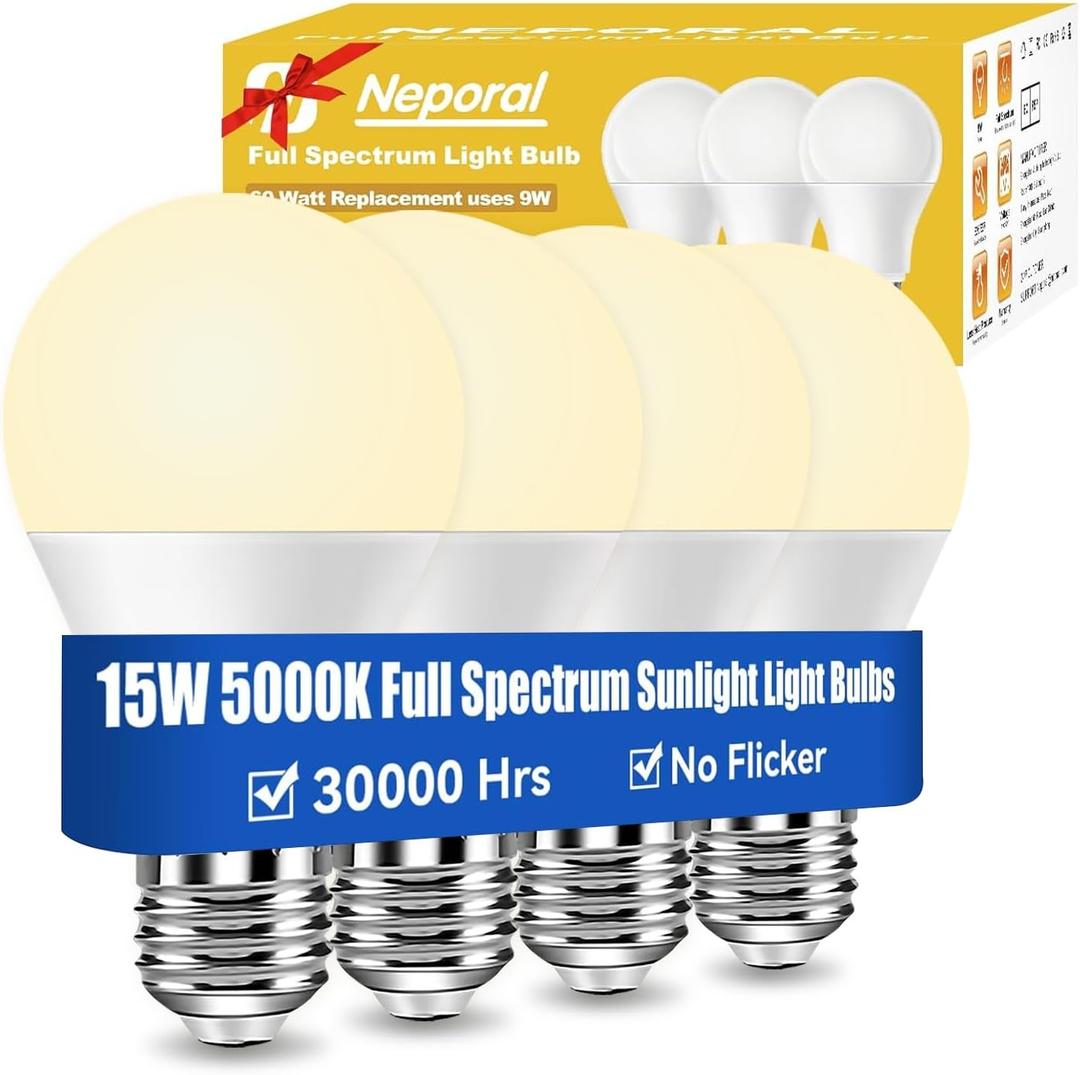 Neporal 15W Full Spectrum Light Bulb, 2700K Warm UV-Free Natural Sunlight Bulbs, 15W 100W Equivalent LED Light Bulb, CRI 90+, No Flicker, 1200Lumen Daylight Sun Light for HumansHome & Office,4PK (2700k Soft White)
