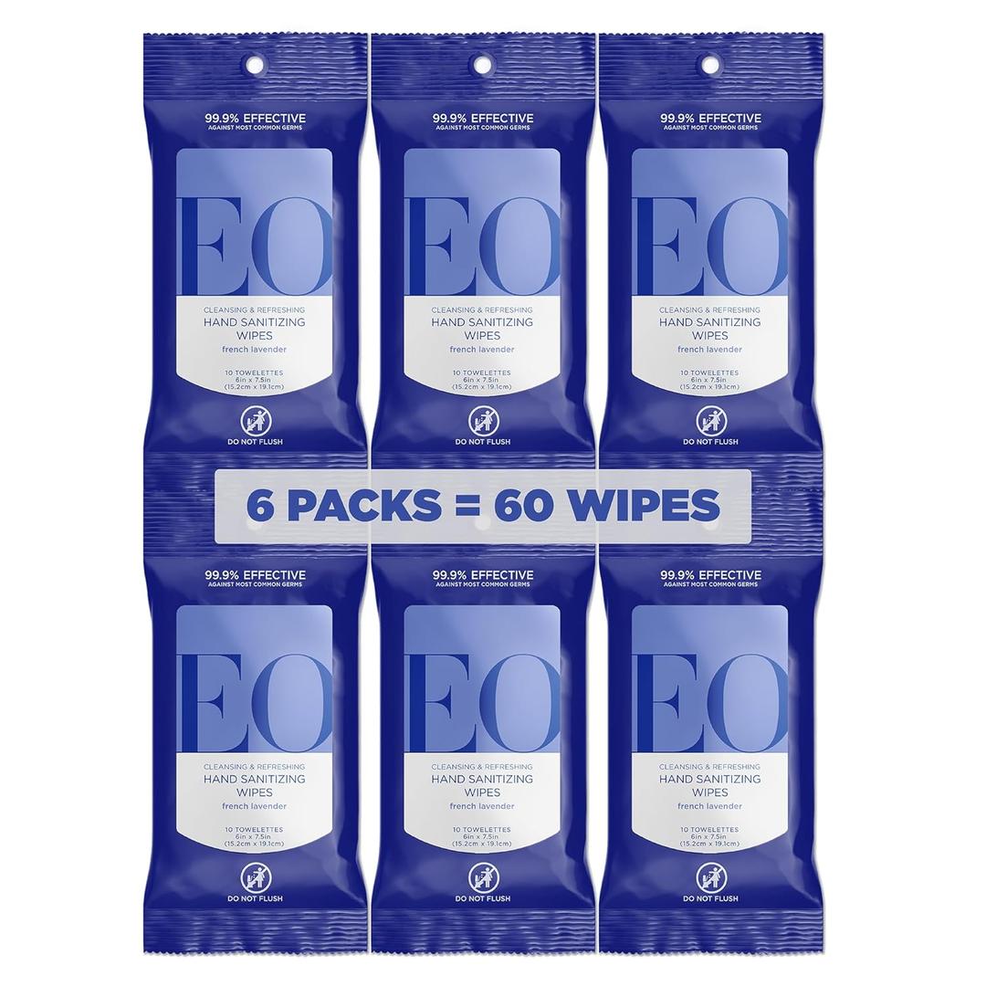 EO Hand Cleansing Wipes, 10 Wipes (Pack of 6), French Lavender, Plant Derived Alcohol with Pure Essential Oils