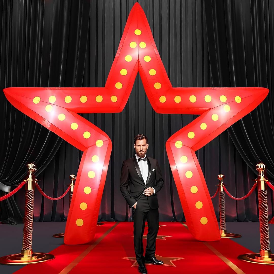 Preboun 10 ft Movie Night Party Decorations Inflatable Large Blow up Star Sign with LED Light Inflatable Arch Kit Light Star Blow up Sign for Movie Night Party Carnivals Birthday Decoration (Red)