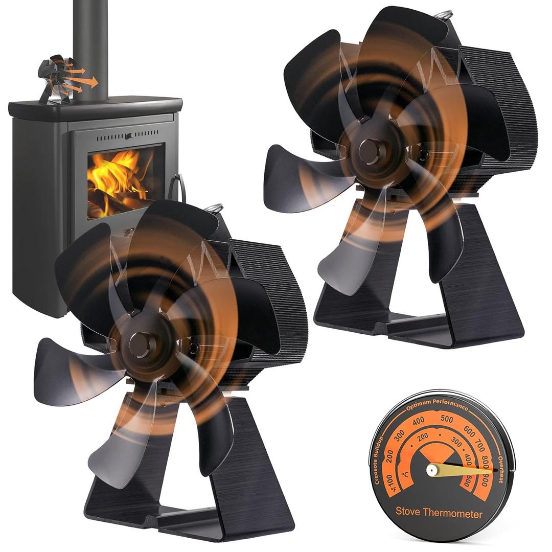 Flanagan 2 PCS Fireplace Fans, 6 Blades Stove Fan,7in Log Burner Fan Heat Powered Fireplace Fan for Wood Burning Stove/Log Burner/Fireplace(Include Magnetic Thermometer)