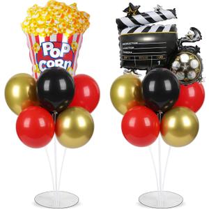 Movie Night Party Balloons Stand Kit 2 Sets with 2 Popcorn Clapboard Foil Balloons Black Red Gold Party Balloon Centerpiece for Tables for Birthday Camera Film Movie Party Decoration