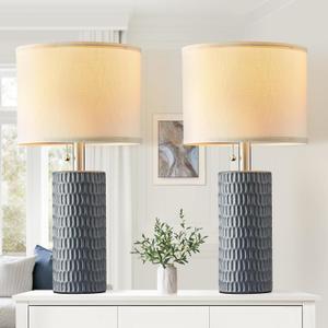 Reaketon Table Lamps for Living Room Set of 2, Ceramic Table Lamps for Bedroom, 20" Modern Lamps for Night Stands, Grey
