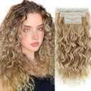 Curly Hair Extensions,LEOSA 4PCS 16 inch Clip in Hair Extensions Short Soft Natural Hairpiece Lace Weft Curly Wave Clip Ins Extensions Invisible for Women,Glden Light Blonde with Highlights