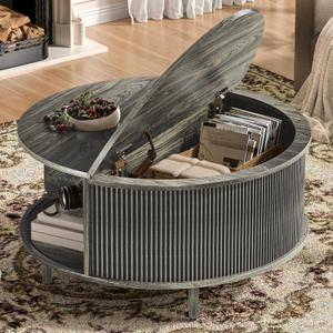 Round Coffee Table, 31.5" Fluted Center Table with Storage, Lift-Top Coffee Table with Adjustable Footpads, Sliding Door, Mid-Century Modern Center Table for Living Room, Small Space (Grey)