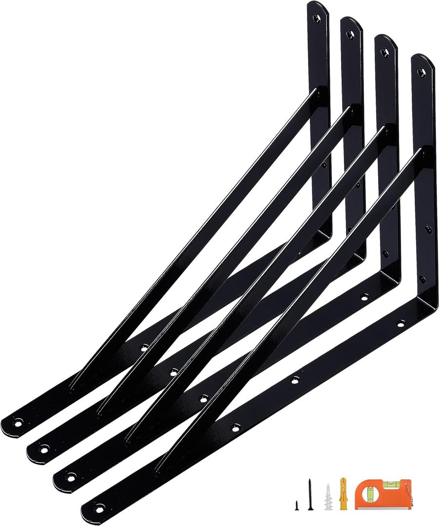 4-Pack 18 Inch Heavy Duty Shelf Brackets, Thicken Wall Bracket for Garage Floating Storage Shelves, Black Powder-Coated Steel