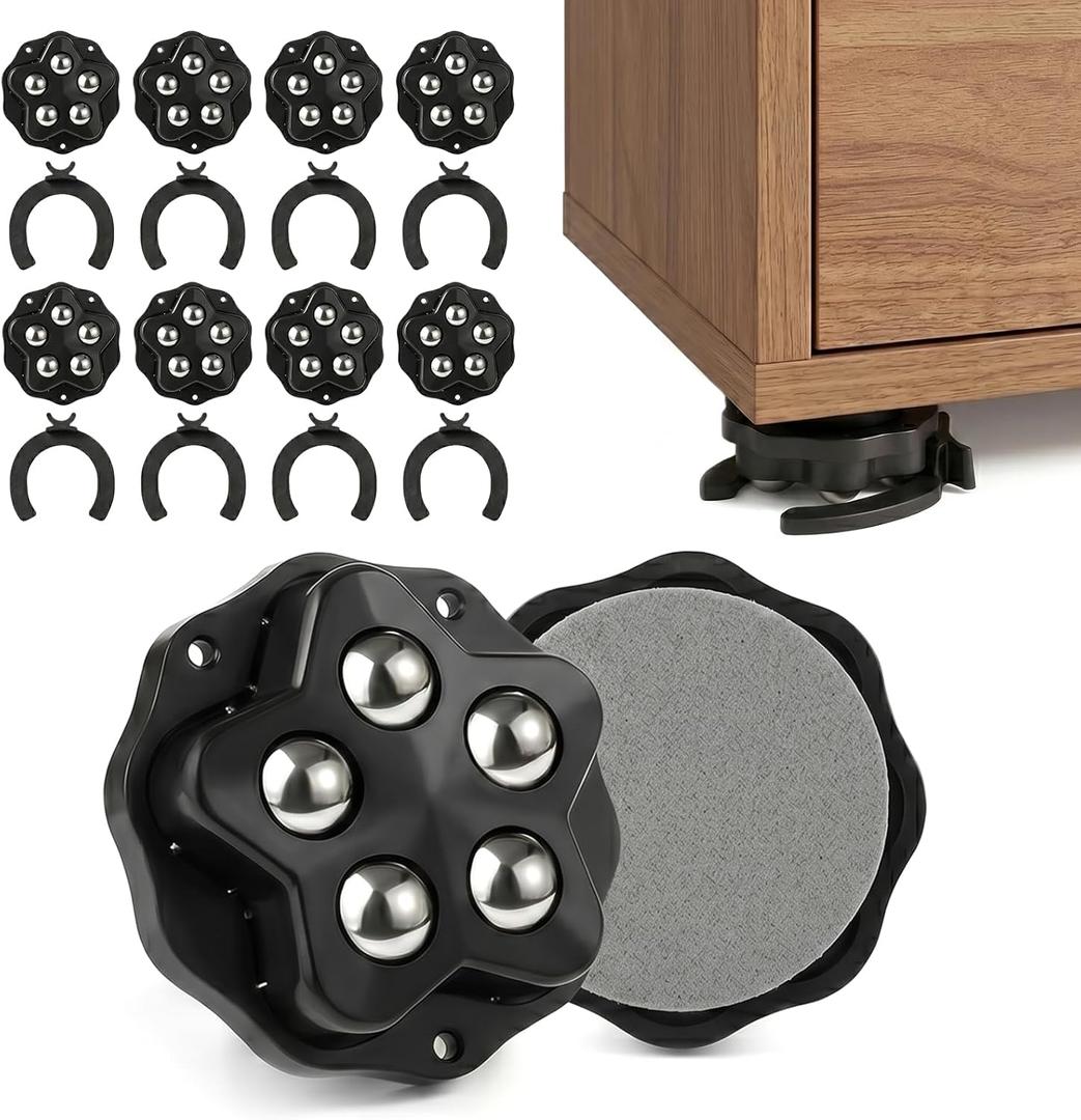 Furniture Sliders with 360 Self Adhesive Caster Wheels Mini Rollers for Furniture, Storage Bins & Appliances Black, (8, Black)