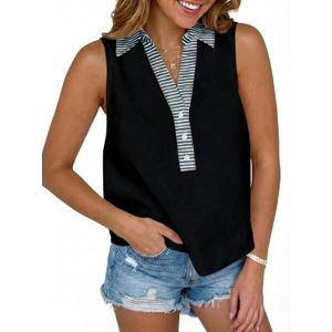Tankaneo Womens V Neck Cropped Tank Tops Button Up Color Block Tees | Sleeveless Shirts, Loose Fit, Summer Dressy Casual