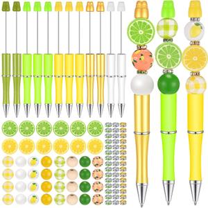Geyee 12 Set Plastic Beadable Pens Assorted Bead Pens Crystal Wood Round Spacer Set Black Ink DIY Ballpoint for Women Men Gift Office Supplies(Lemon)