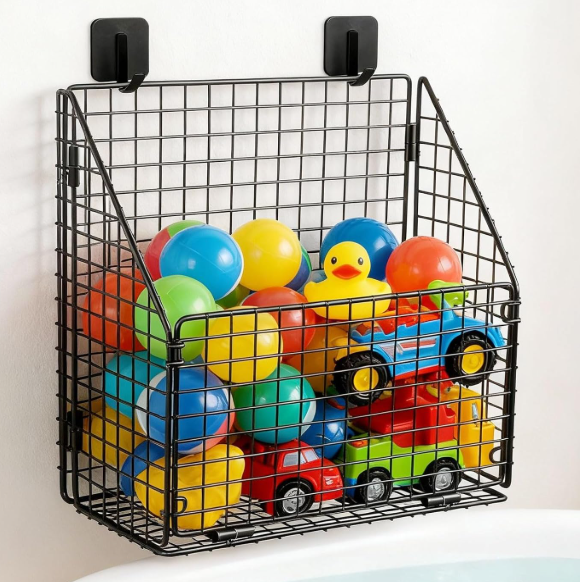Greentainer Bath Toy Storage Organizer, Large Foldable Bathtub Toy Holder with Drainage, No Drill Adhesive Wall Mounted Rustproof Metal Wire Basket for Bathroom Tub & Shower Toys
