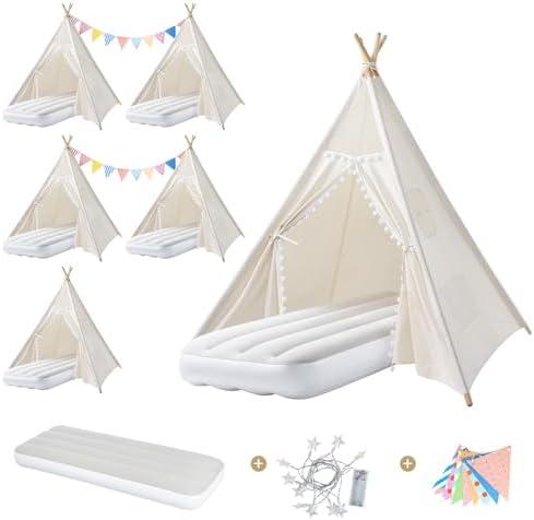 6 Pack Teepee Tent for Kids Indoor Sleepover Tents for Girls Party, with Inflatable Airbeds, Washable & Foldable Toddler Slumber Party Tent for Girls & Boys