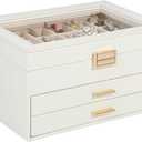 Voova Jewelry Box Organizer for Women Girls, 3 Layer PU Leather Jewelry Storage Case with Glass Lid & 2 Drawers, Large Jewellery Display Holder for Necklaces Rings Earrings Bracelets, White