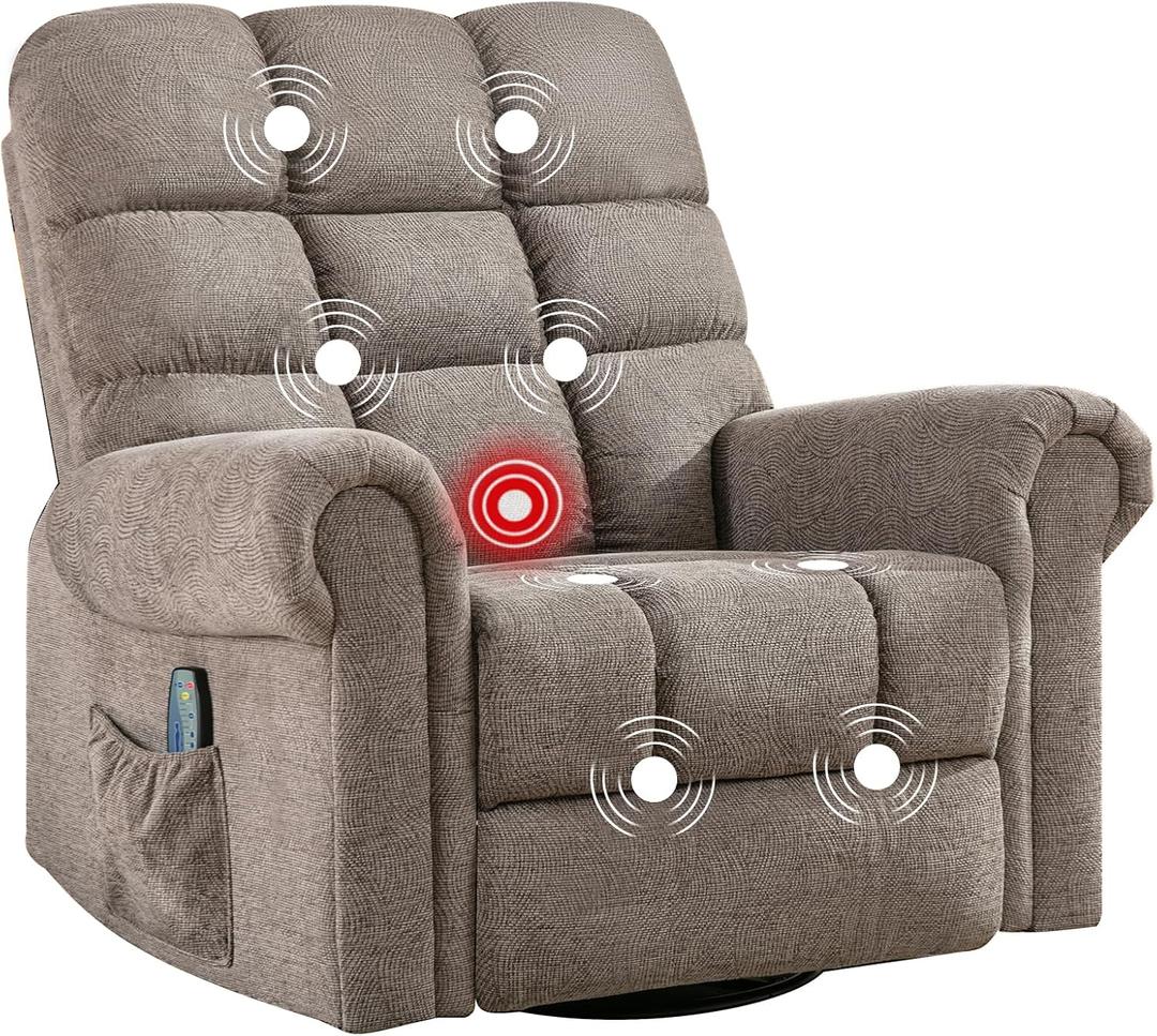 Phoenix Home Oversized Rocker Recliner Chair with Massage and Heat, Overstuffed Manual Swivel Recliner for Adults with 2 Side Pockets for Living Room, Bedroom, Brown