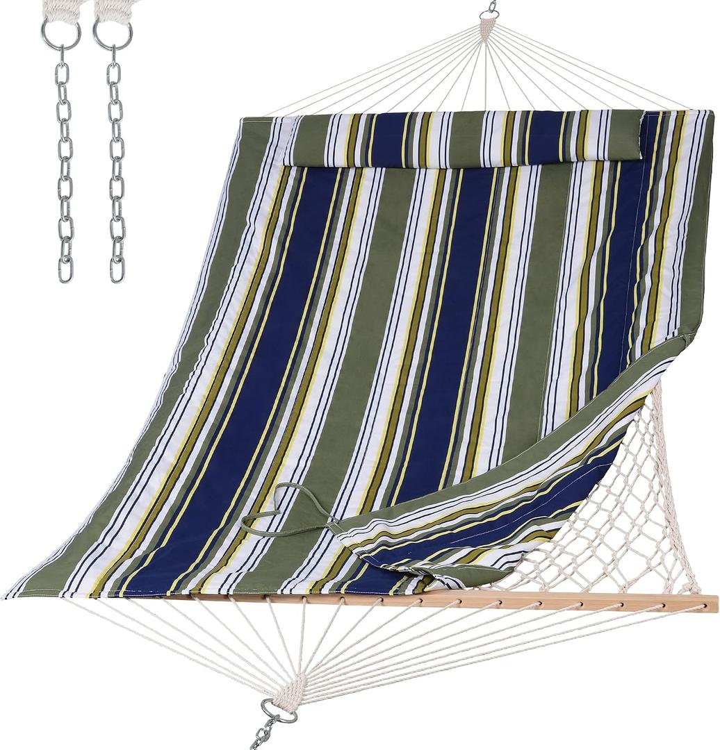 SUNCREAT Hammocks Outdoor Double Hammock with Hardwood Spreader Bar, Cotton Rope Hammock with Polyester Pad, Blue&Aqua