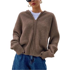 SOLY HUX Zip Up Cardigan for Women Hooded Cardigan Sweater Knitted Drop Shoulder Fall Clothes Winter Hoodies Outerwear (Small, Coffee Brown)