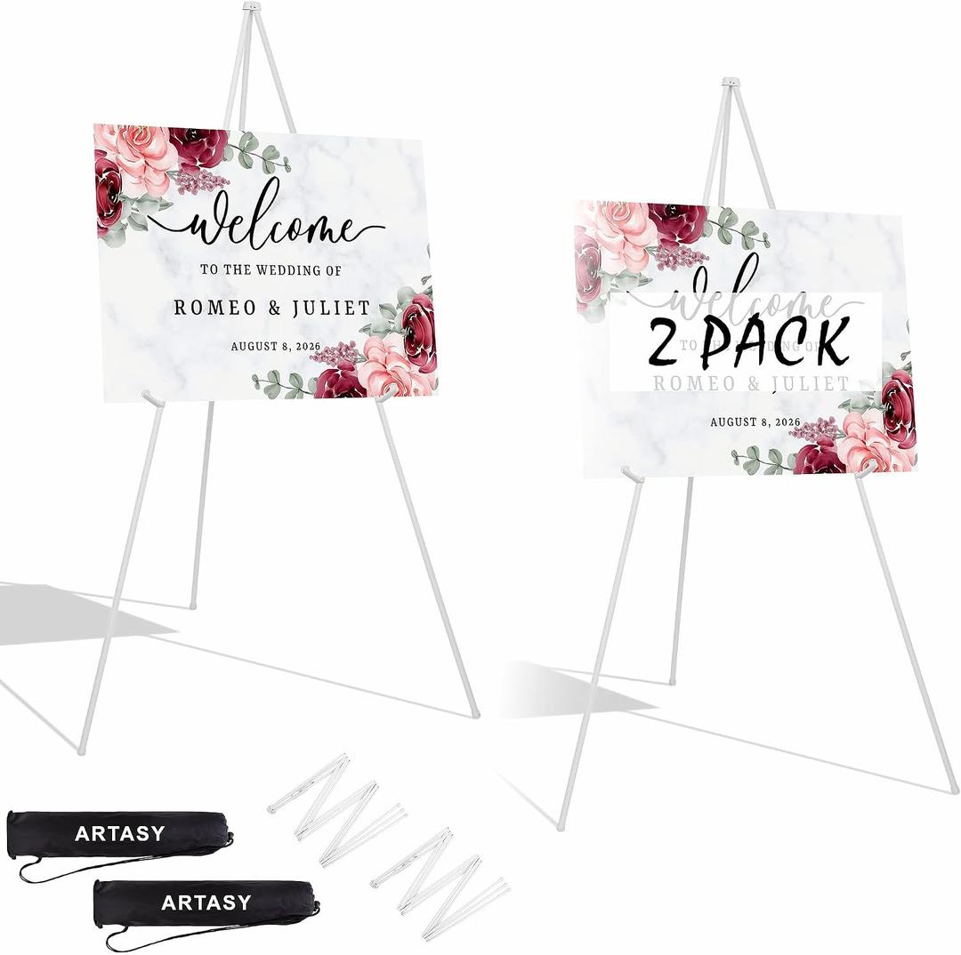 ARTASY 63" Easel Stand for Wedding Signs, Posters, Portable Artist Easel for Painting Canvas, Tripod for Home and Office, Supports 5 lbs-White 2/Pack