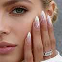 Press On Nails - Almond Fake Nails - French Tip False Nails Press ons - Medium Glue on Nails with Chrome Design - for Women Stick on Nail 24Pcs