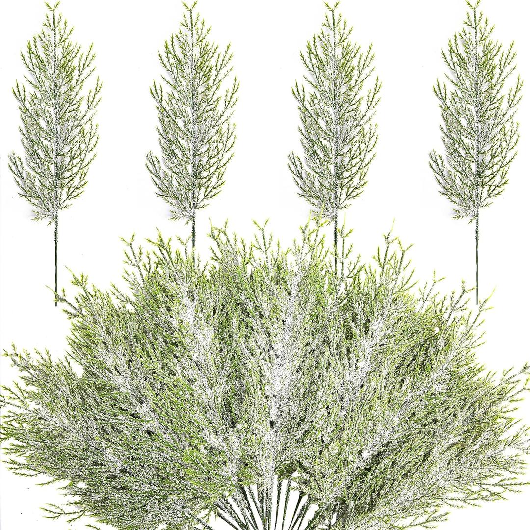 Alpurple 50 Pcs Christmas Snow Frosted Pine Branches- 13.5" Snowy Artificial Pine Needles Branches Twigs- Greenery Ceder Sprigs Pine Picks Stems for Christmas Wreath Home Garden Decoration