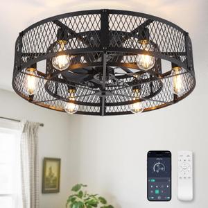 Caged Ceiling Fan with Light: 26 Inch Ceiling Fan with Remote APP Control Quiet DC Motor - Farmhouse Ceiling Fans Plastic Cage for Rustic Kitchen Bedroom (E26 Bulbs Included) (Black)