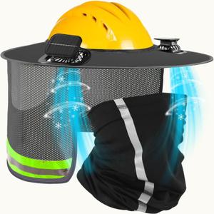 Hard Hat Sun Shade with Dual Solar Fan, Detachable Full Brim Visor with Neck Protection, High Visibility Mesh Sun Shield with Reflective Strip for Summer Protection Accessories