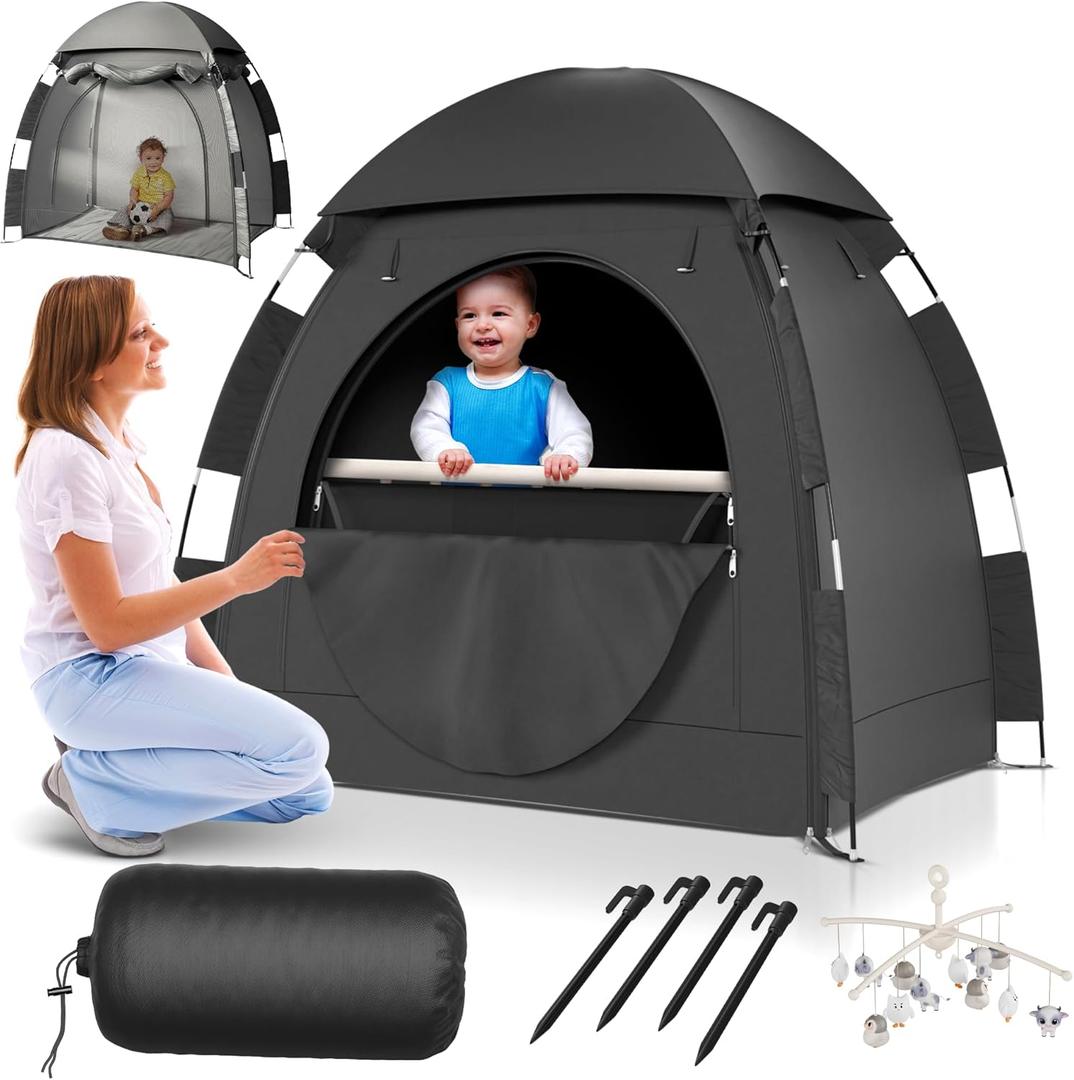 YoungMinds Baby Crib Tent - Waterproof Baby Blackout Tent for Pack and Play w Toy Holder, Milk Silk Fabric, Kids Sleep Pod Mosquito Net - Pack N Play Block 100% Light, Black Out Crib Cover for Bedroom