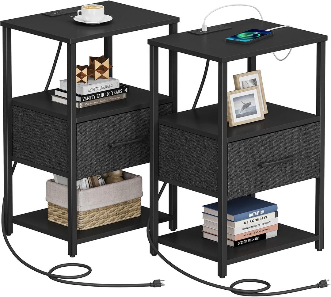 TUTOTAK Nightstand Set of 2, Night Stand with Charging Station, End Table, Bedside Table with Fabric Drawer, Side Table for Livingroom and Bedroom, Black TB01BK0692