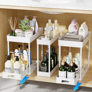 Delamu 3 Pack Under Sink Organizers and Storage, 2 Tier White Bathroom Cabinet Organizer, Multi-Use Kitchen Bathroom Organizers and Storage, Under Counter Organizer with Hooks