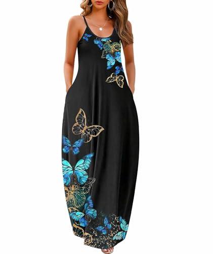 Sleeveless Sundress Flowy Party Maxi Dress Adjustable Spaghetti Straps Dress for Daily Wear Work Coffee Shopping, Fall Outings Maternity Gender Reveal Soft Lightweight Butterfly Black XX-Large