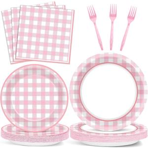 200 PCS Pink Checkered Tableware Disposable Pink And White Checkered Party Supplies Dinnerware Set Plaid Plates Outdoor Supplies Girls Barbecue Picnic Birthday Party Decoration Serve 50 guest