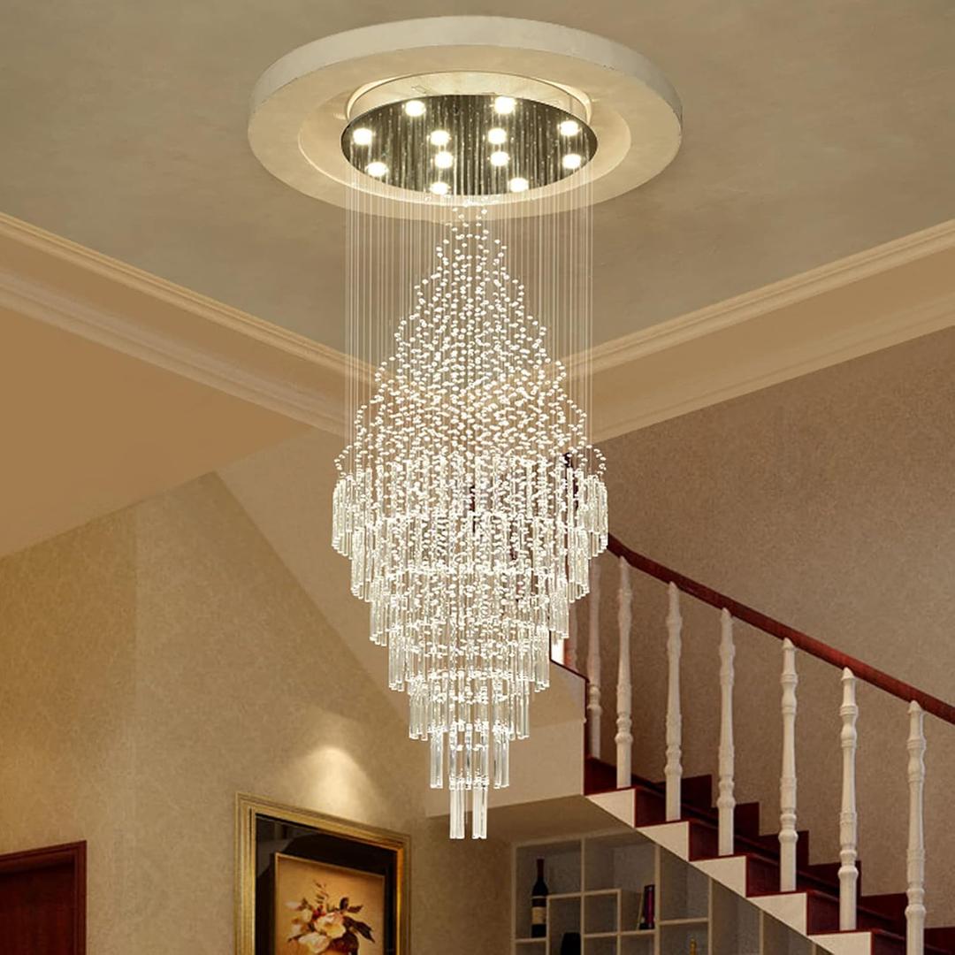 7PM Foyer Chandeliers Entryway High Ceiling, Flush Mount Large Raindrop Crystal Chandelier Lighting Staircase Chandelier High Ceiling Light Fixtures for Hallway Front Entrance H 59'', D24xH59